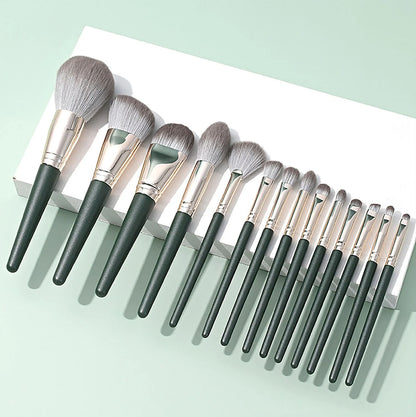 Green Cloud 14 Makeup Brushes Set with wooden handles and artificial fiber bristles