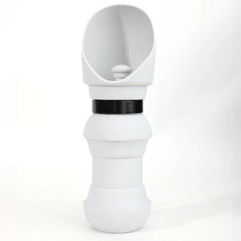 Silicone folding pet cup shown expanded as drinking bowl and collapsed to 4cm height