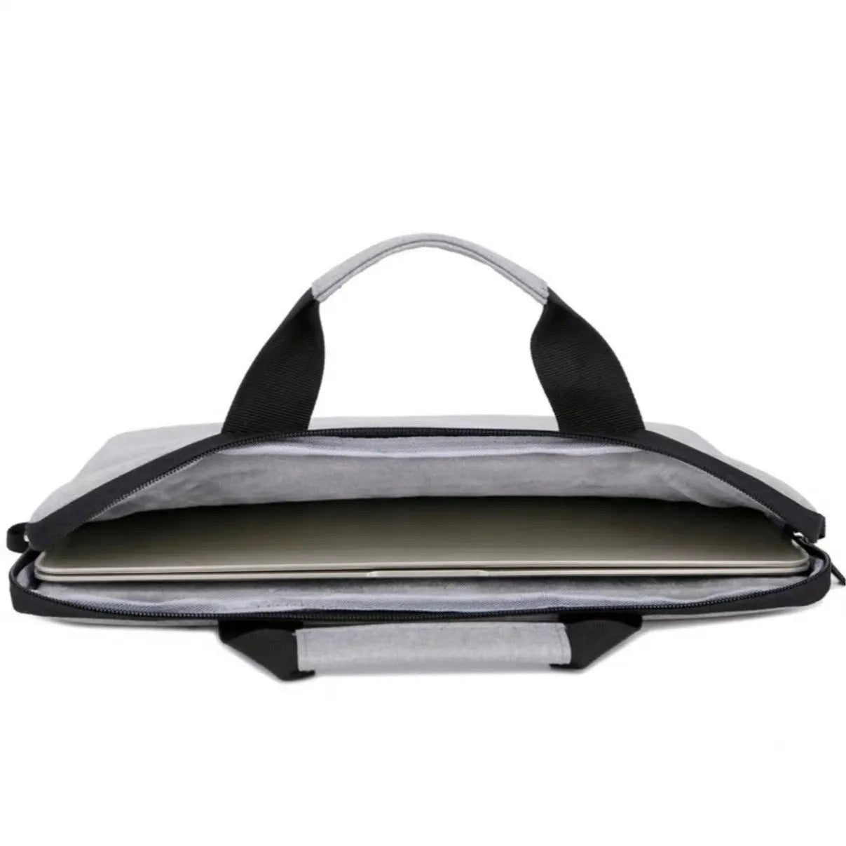 Grey lightweight laptop bag with Oxford cloth exterior and zip closure