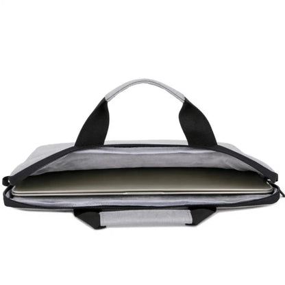 Grey lightweight laptop bag with Oxford cloth exterior and zip closure
