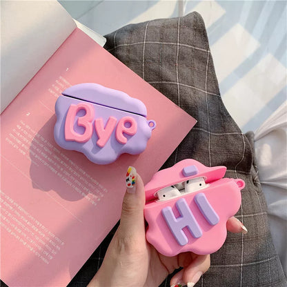 3D HI BYE Cloud Letter Cartoon Silicone Case for AirPods in pink and purple
