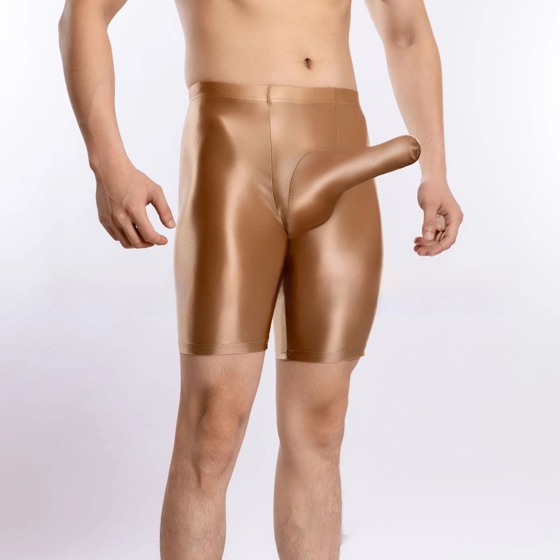 Men's plus size shiny silky nylon sports shorts displayed in multiple colours.