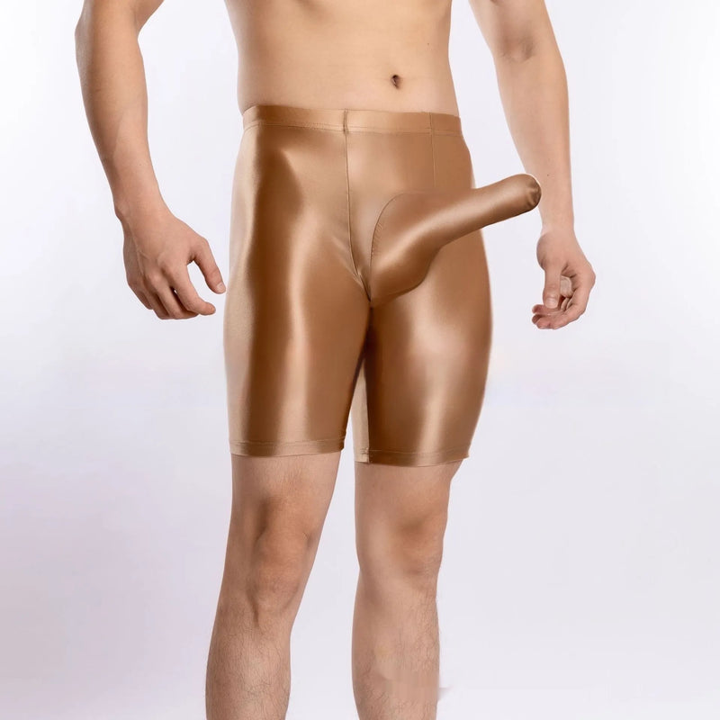 Plus size shiny silky sports shorts for men in nylon, available in sizes M, L, XL, and XXL in multiple colours including black, brown, pink, light purple, blue, grey, fluorescent green, red, and white.