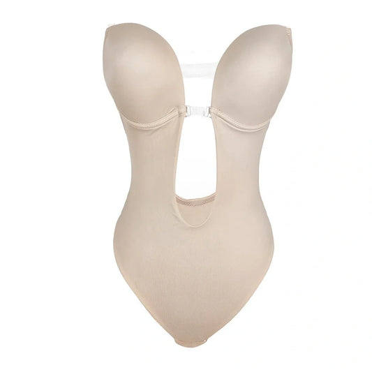 Black spandex body shaping dress with deep V back design and stomach compression