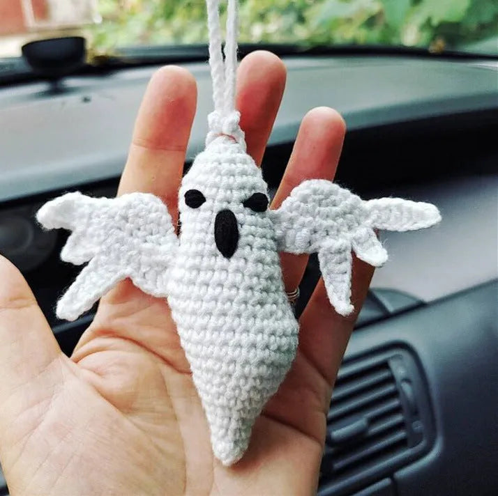 Soft, hand-woven plush car hanging ornament in a cartoon character design.