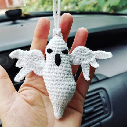 Soft, hand-woven plush car hanging ornament in a cartoon character design.