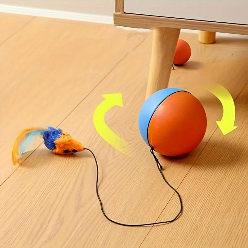 Interactive cat toy ball with blue and orange plush mouse measuring 8.5cm × 8.5cm × 9cm