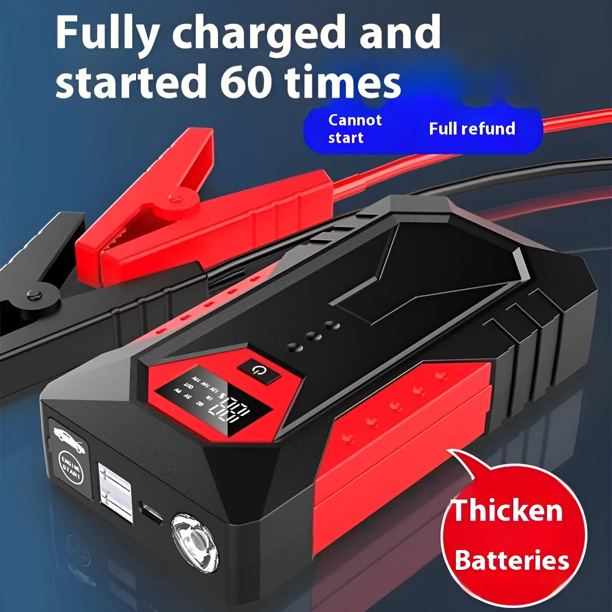 Red 12V emergency start power source with 18800 capacity, battery clamp, and data cable for car jump starting