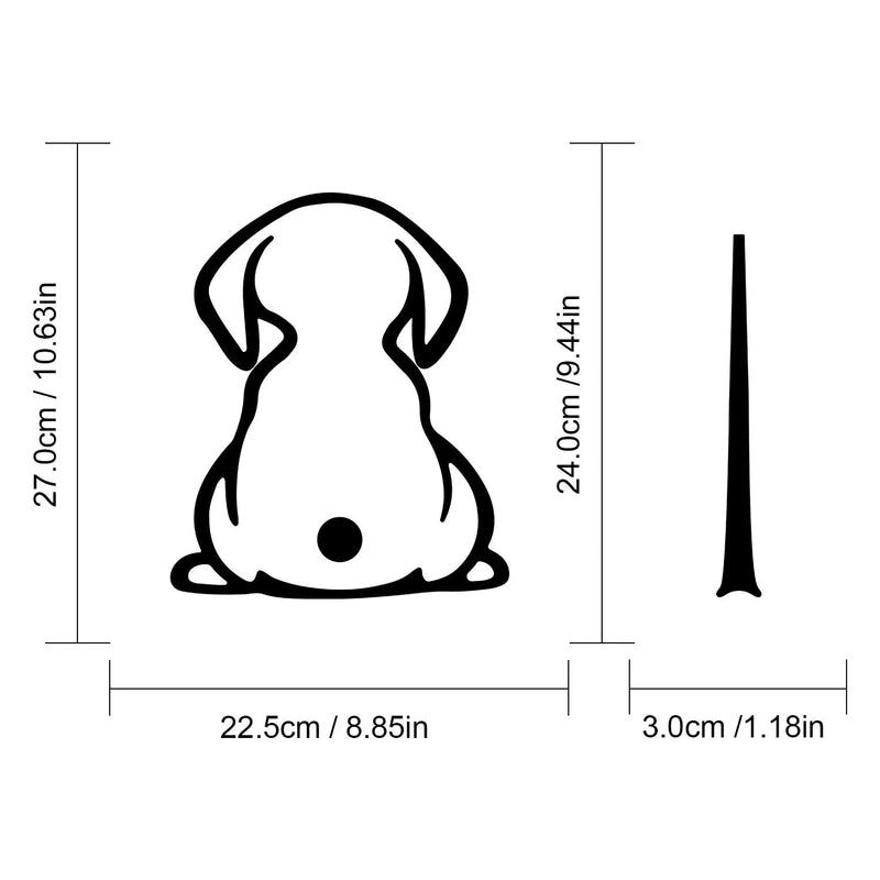 Car window sticker with a cartoon cat design, made from durable PET material, measures 26cm by 29.5cm for the body with a 3.5cm by 29.5cm tail, available in white, black, laser, green, silver, red, and gold colour options