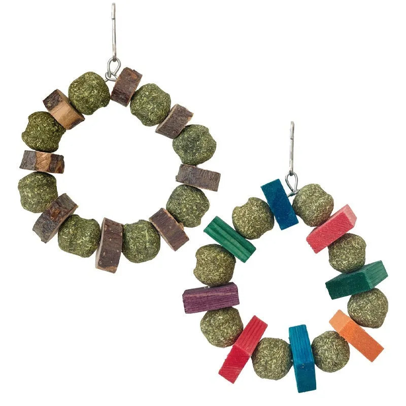 Applewood hamster chewing toy with straw ball ring for small pet dental enrichment