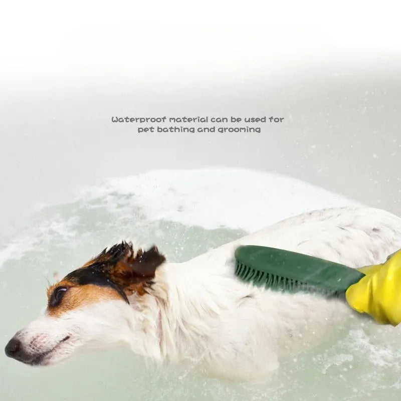Green silicone pet grooming brush with flexible bristles for removing hair from cats, dogs and furniture
