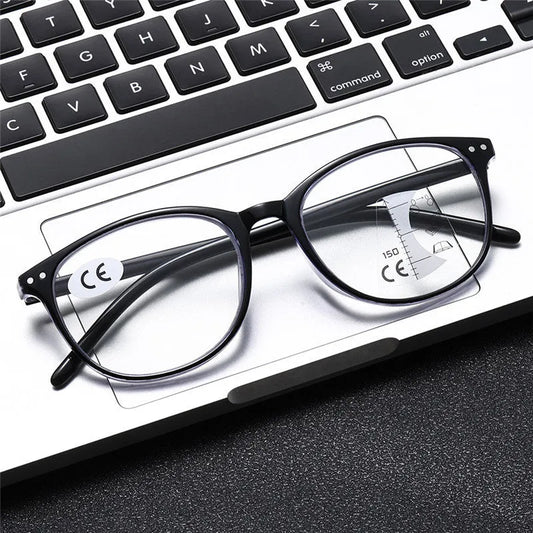 Women's multi-focus presbyopic glasses with adjustable nose pads and spring hinges in black and blue frame