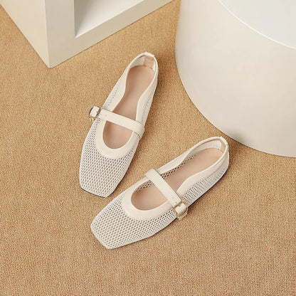 Women's beige mesh summer pump with square toe, flat heel, and buckle closure on a white background.