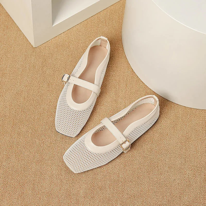 Women's summer mesh shoes breathable hollow out pumps flat heel square toe buckle closure low heel hiking shoes in black white milky white khaki silver gold red orange colour options available in sizes 35 to 44 with beef tendon sole construction