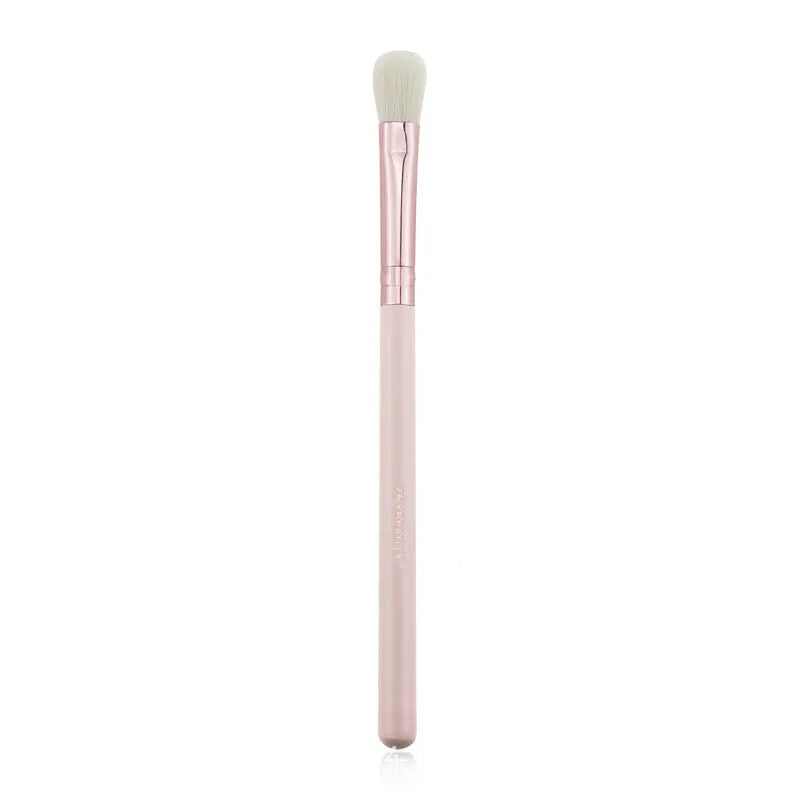 26 pink makeup brushes with wool bristles and wooden handles arranged in a PU zip bag.