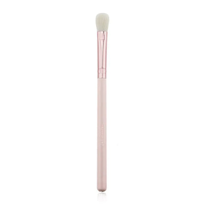 26 pink makeup brushes with wool bristles and wooden handles arranged in a PU zip bag.