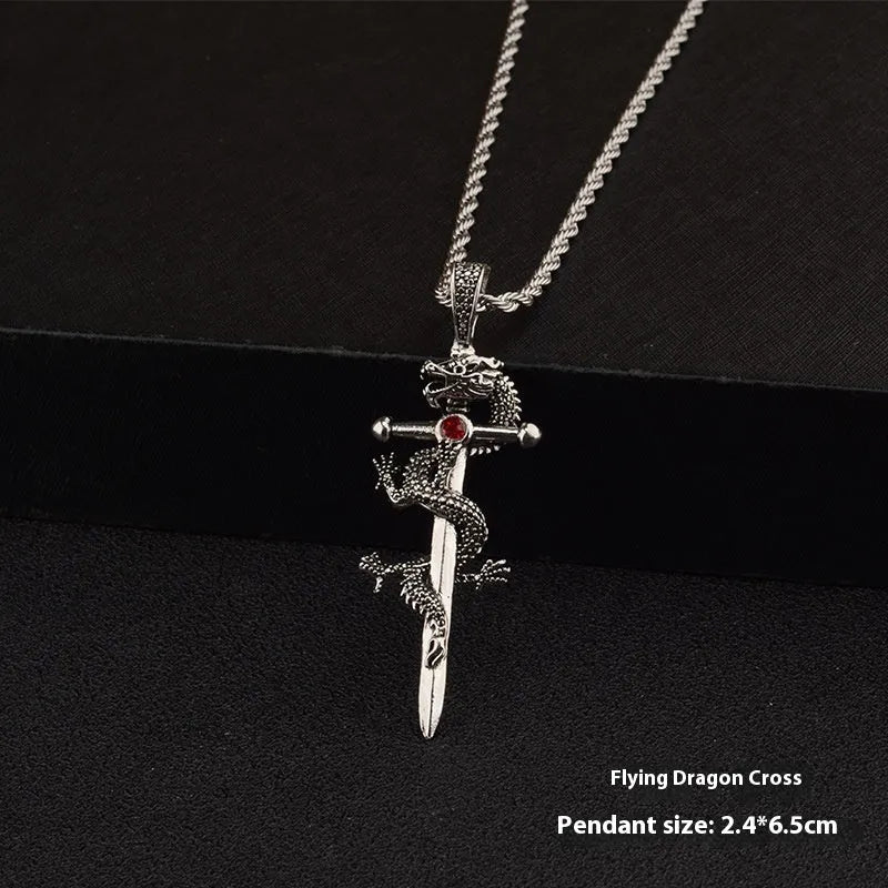 Dragon sword pendant necklace with black electroplated alloy charm and 60cm titanium steel hemp flower chain