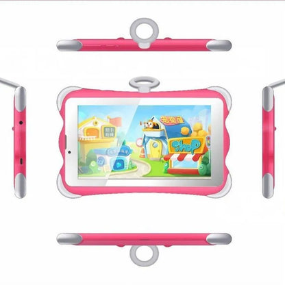 A 7-inch children's learning tablet in a cartoon colour, shown with its stand, charger, and cable.