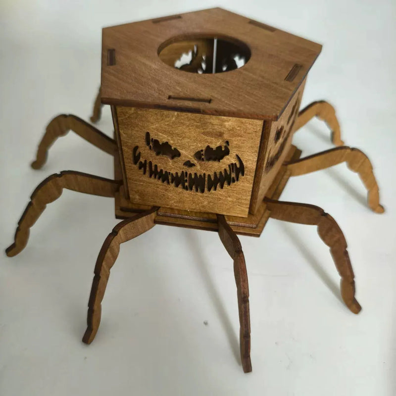 Cross-border New Ghost Halloween Spider Mini Lantern Candlestick Decoration: A 21cm wooden ornament with an integrated LED for safe, atmospheric tabletop lighting