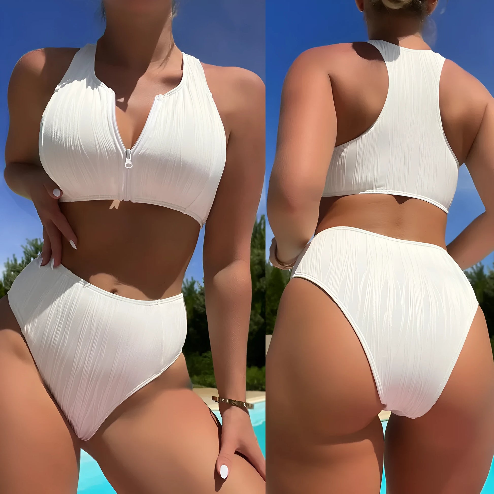 White women's swimsuit with front zipper buckle and split side briefs design