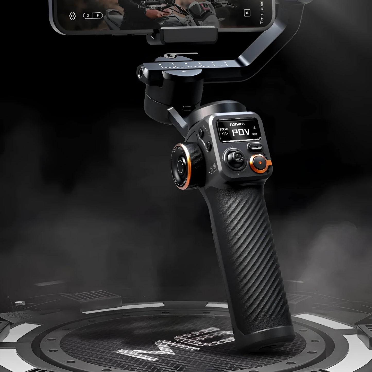 Black smartphone stabiliser with magnetic AI fill light and three-axis gimbal on tripod
