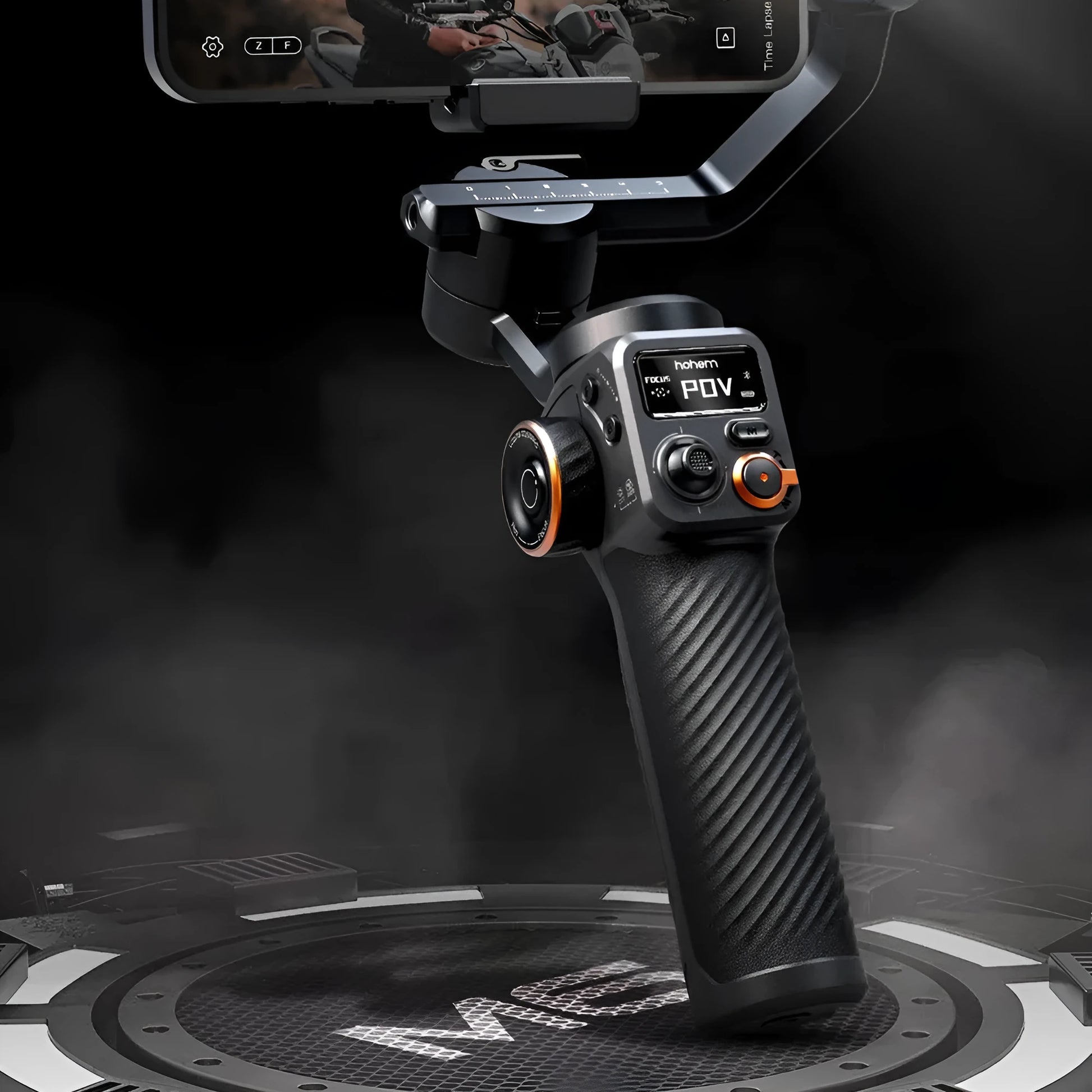 Black smartphone stabiliser with magnetic AI fill light and three-axis gimbal on tripod