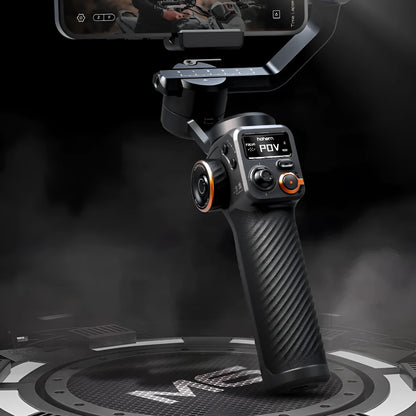 Black smartphone stabiliser with magnetic AI fill light and three-axis gimbal on tripod