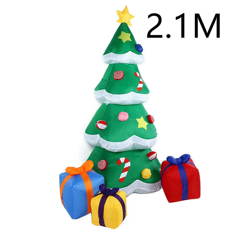 Glow-in-the-dark Christmas inflatable decorations featuring a Santa, snowman, and Christmas tree