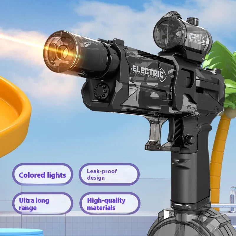Black and blue electric water pistol toy with LED lights, shown with USB charging cable.