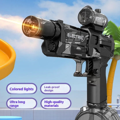 Black and blue electric water pistol toy with LED lights, shown with USB charging cable.