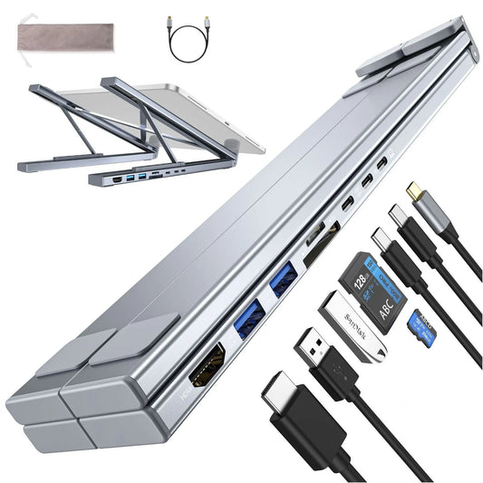 Aluminium alloy folding laptop docking station with multiple ports including HDMI, measuring 24.75cm