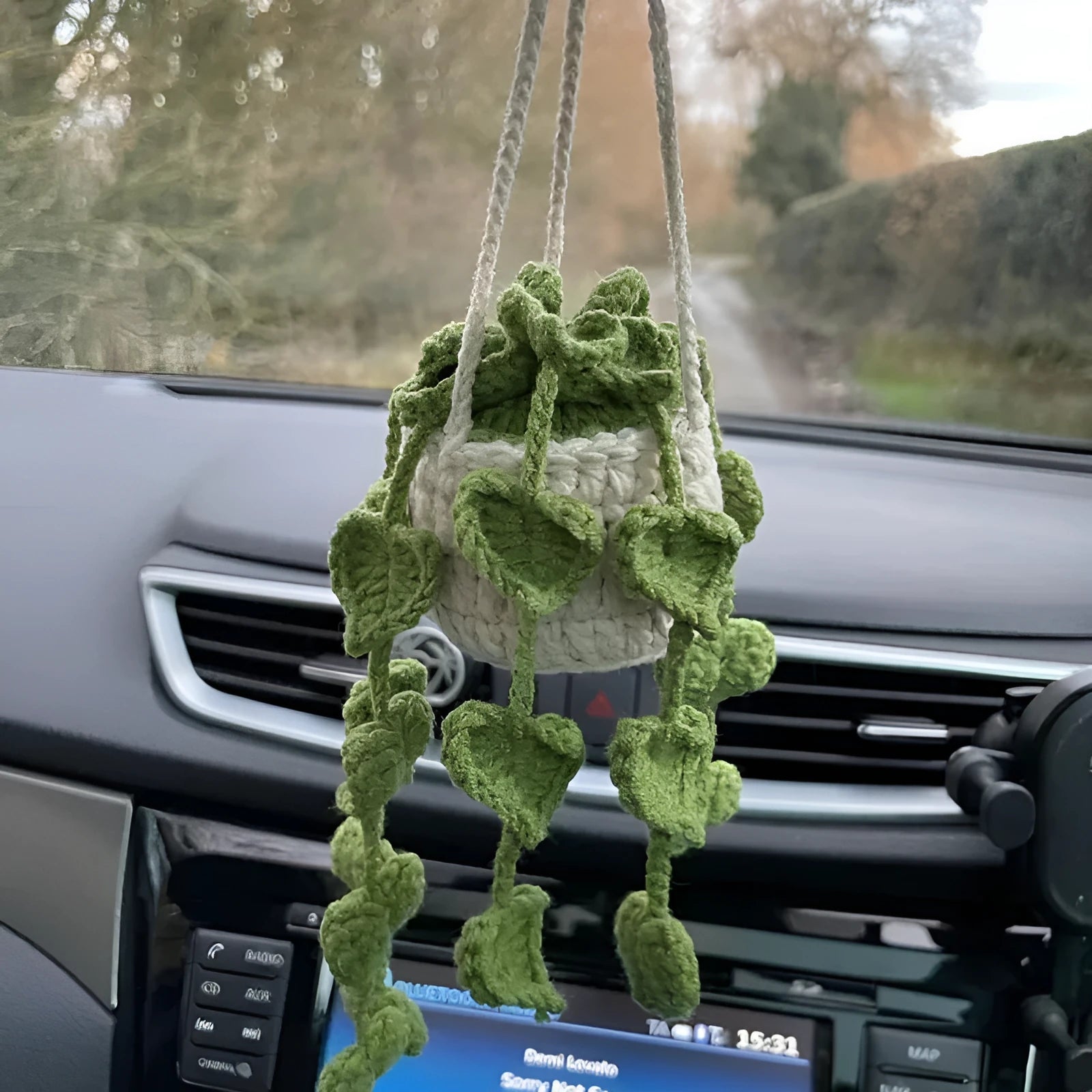 Green and white knitting wool car plant decoration with 8cm base and 25cm hanging rope