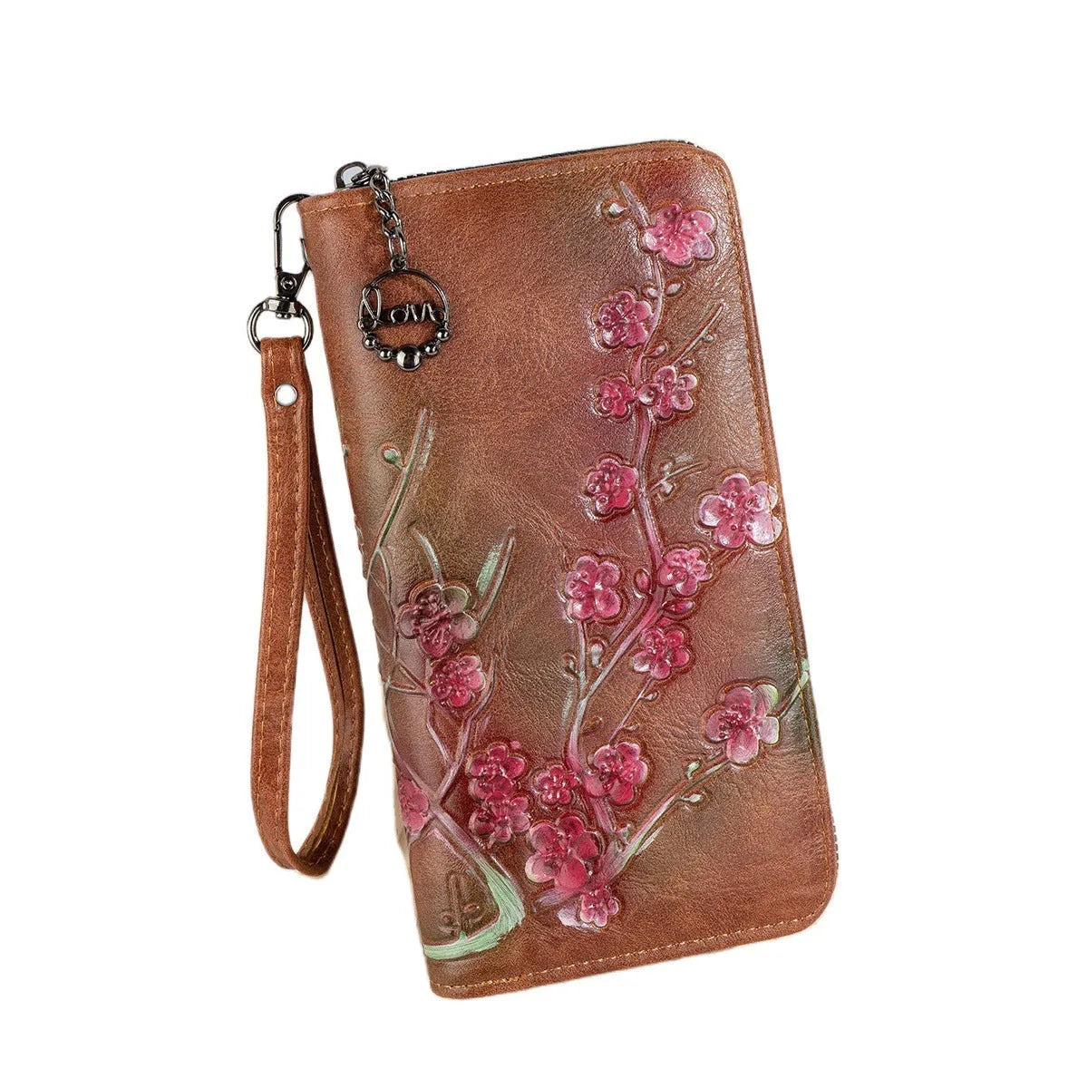 PU leather handbag with embossed floral pattern and zipper closure in Chinese style