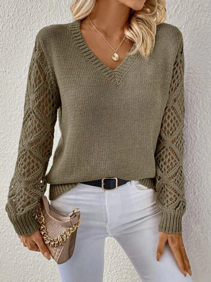 Stylish polyester fiber V-neck pullover sweater with unique hollow sleeve design, available in multiple vibrant colors