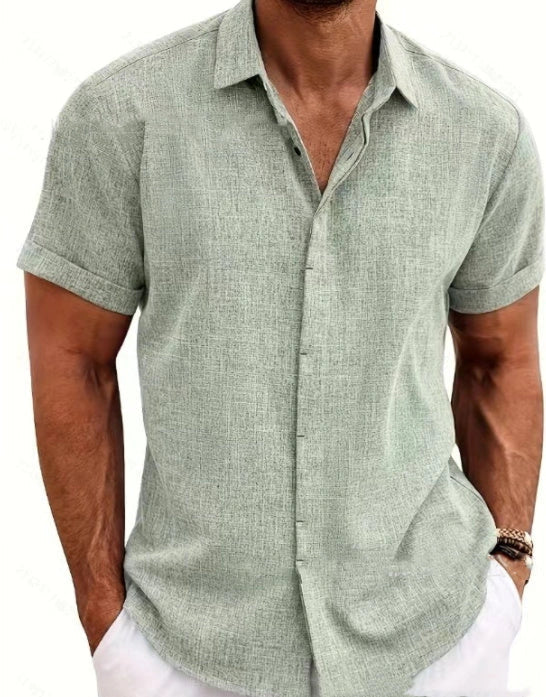A versatile linen shirt in various colors, featuring a standing collar and short sleeves for a modern, tailored look.