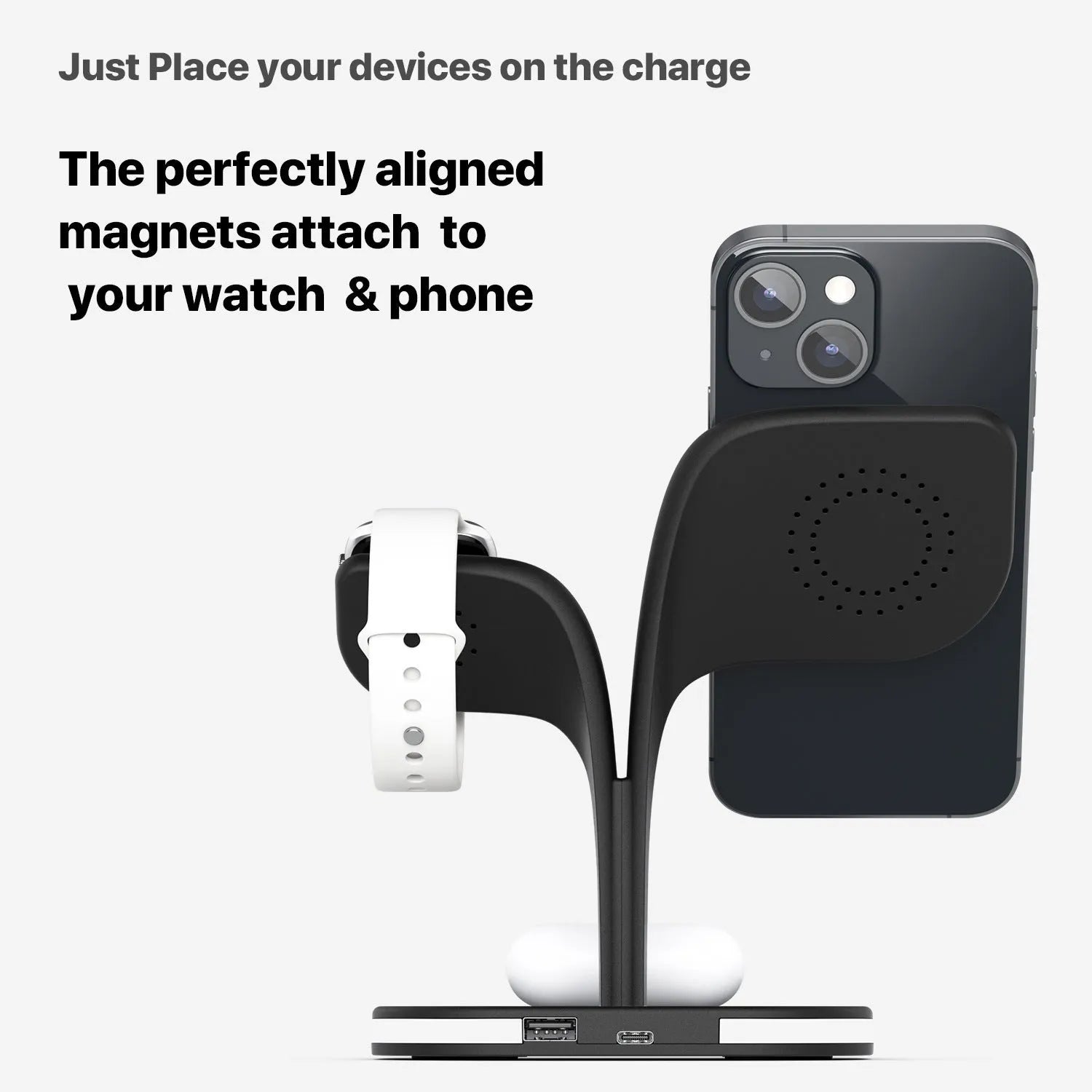 Black desktop wireless charging stand showing phone, smartwatch and headphone charging simultaneously