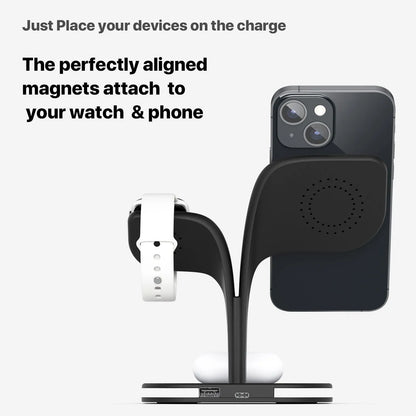Black desktop wireless charging stand showing phone, smartwatch and headphone charging simultaneously