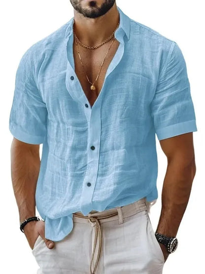 Men's short sleeve lapel shirt in cotton linen blend available in multiple solid colours