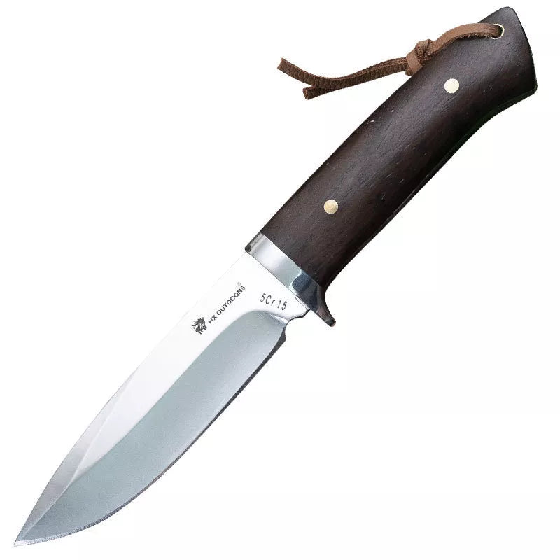 Outdoor survival knife with leather holster and mirror polished blade