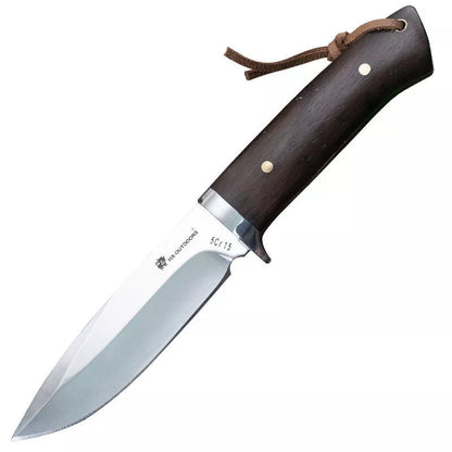 Outdoor survival knife with leather holster and mirror polished blade