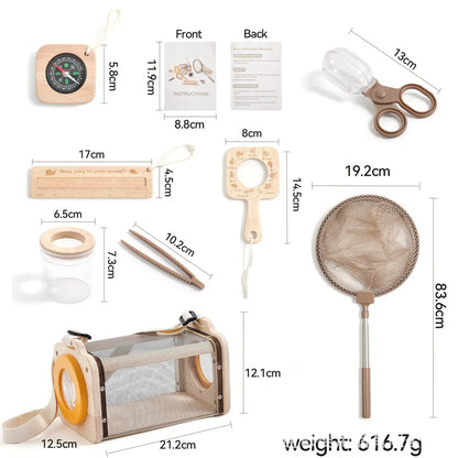 Wooden outdoor exploration teaching aids set with telescope, book, and adventure suit for infant development