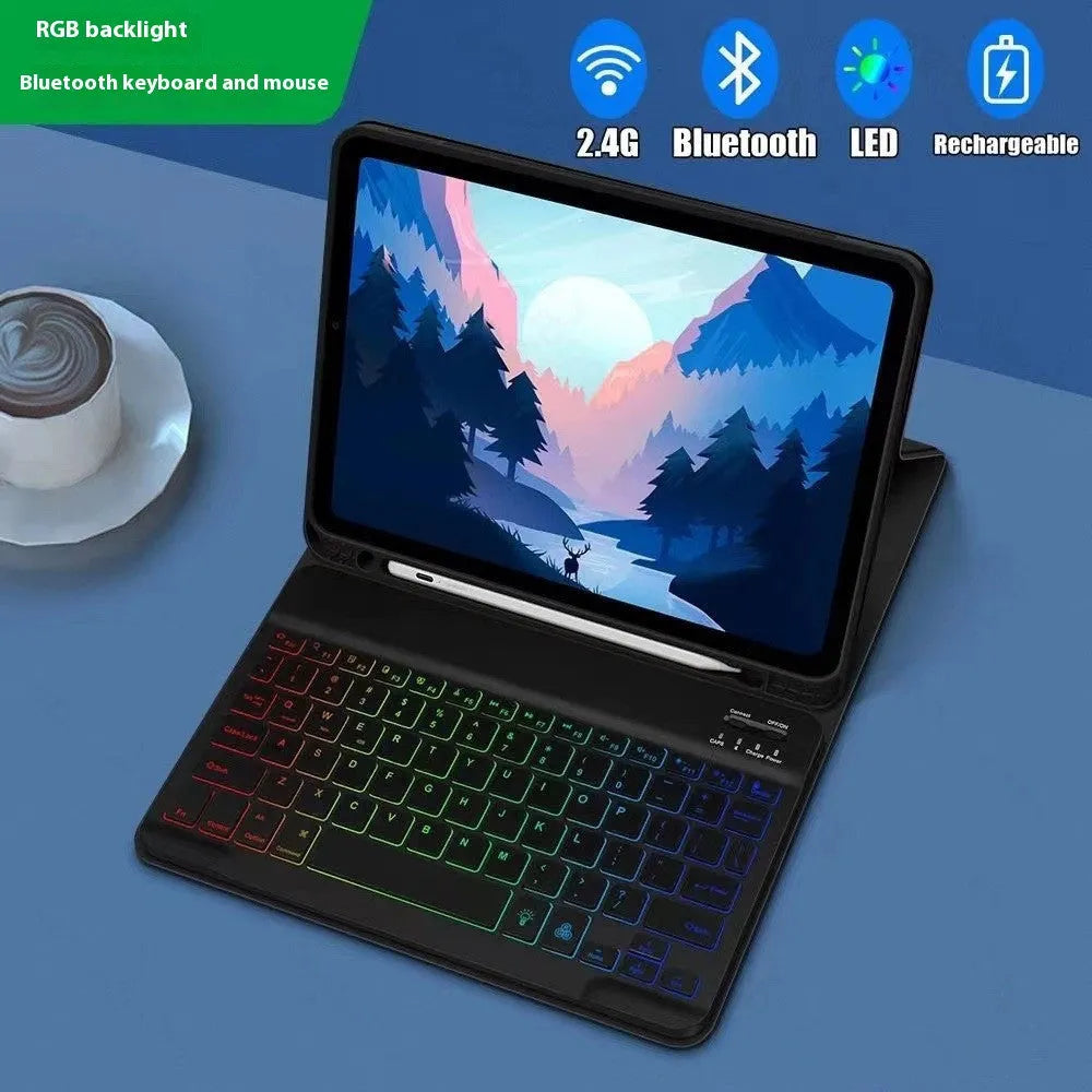 iPad in a black TPU leather case with a built-in luminous RGB backlit Bluetooth keyboard and a stand open.