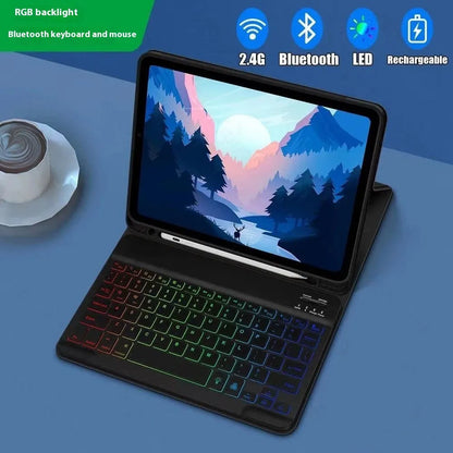 iPad in a black TPU leather case with a built-in luminous RGB backlit Bluetooth keyboard and a stand open.