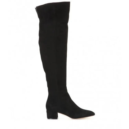 Women's grey suede over-the-knee flat boots with pointed toe and thick rubber sole on a neutral background