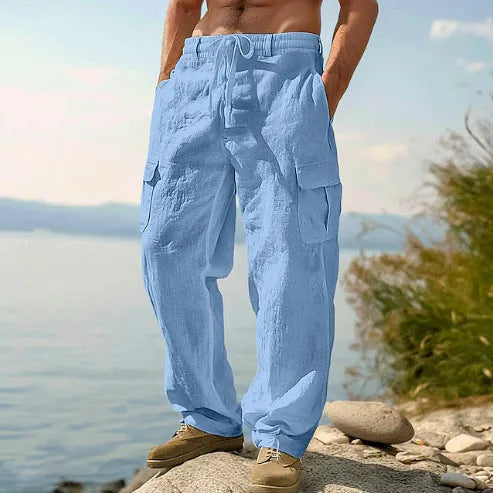 Men's thin cotton wide-leg casual trousers in light army green colour, showing loose fit and mid-waist design