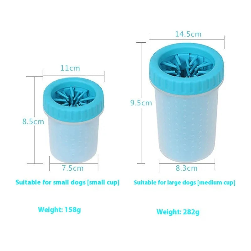 Blue silicone and PP portable dog foot wash barrel for cleaning pet paws.