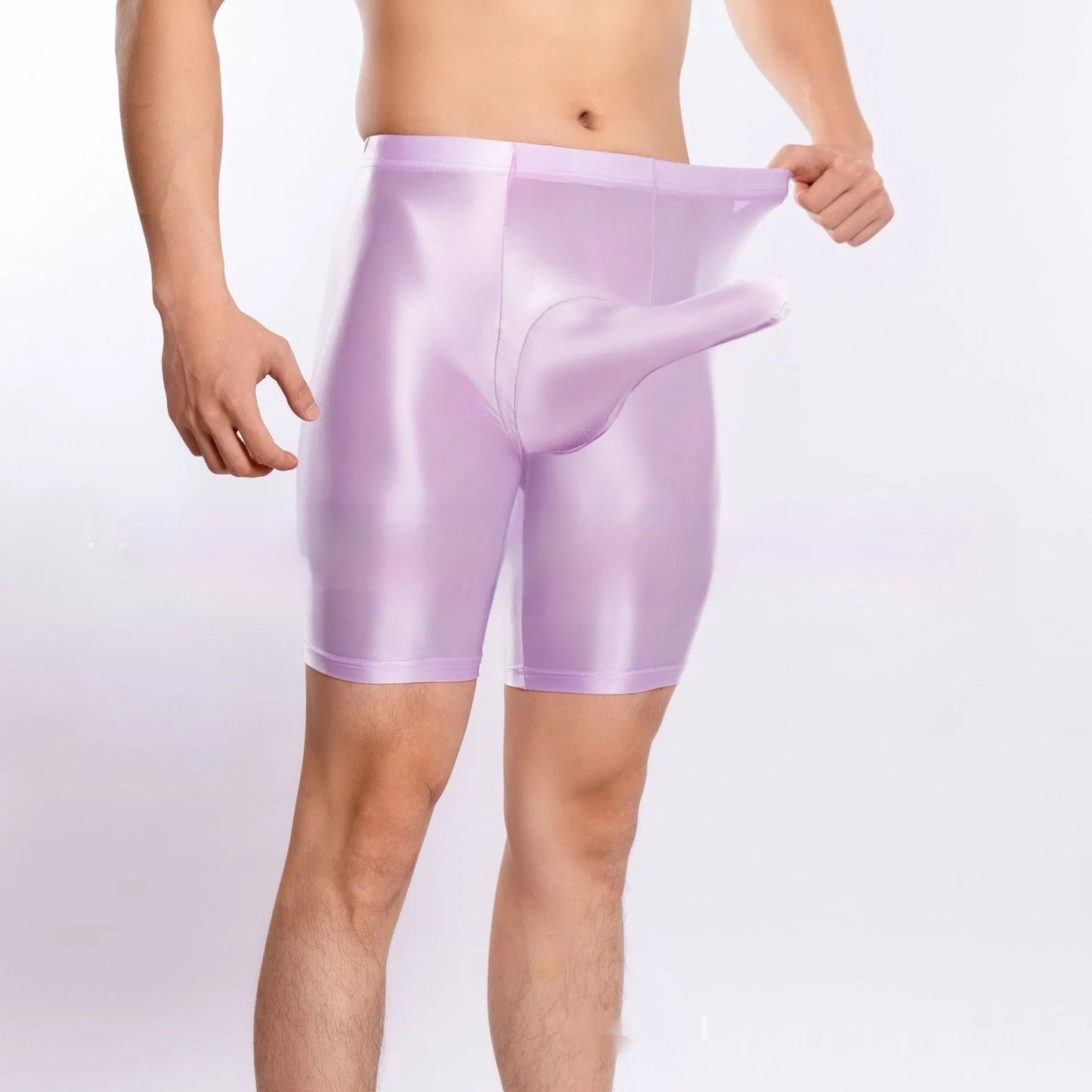 Men's plus size shiny silky nylon sports shorts displayed in multiple colours.