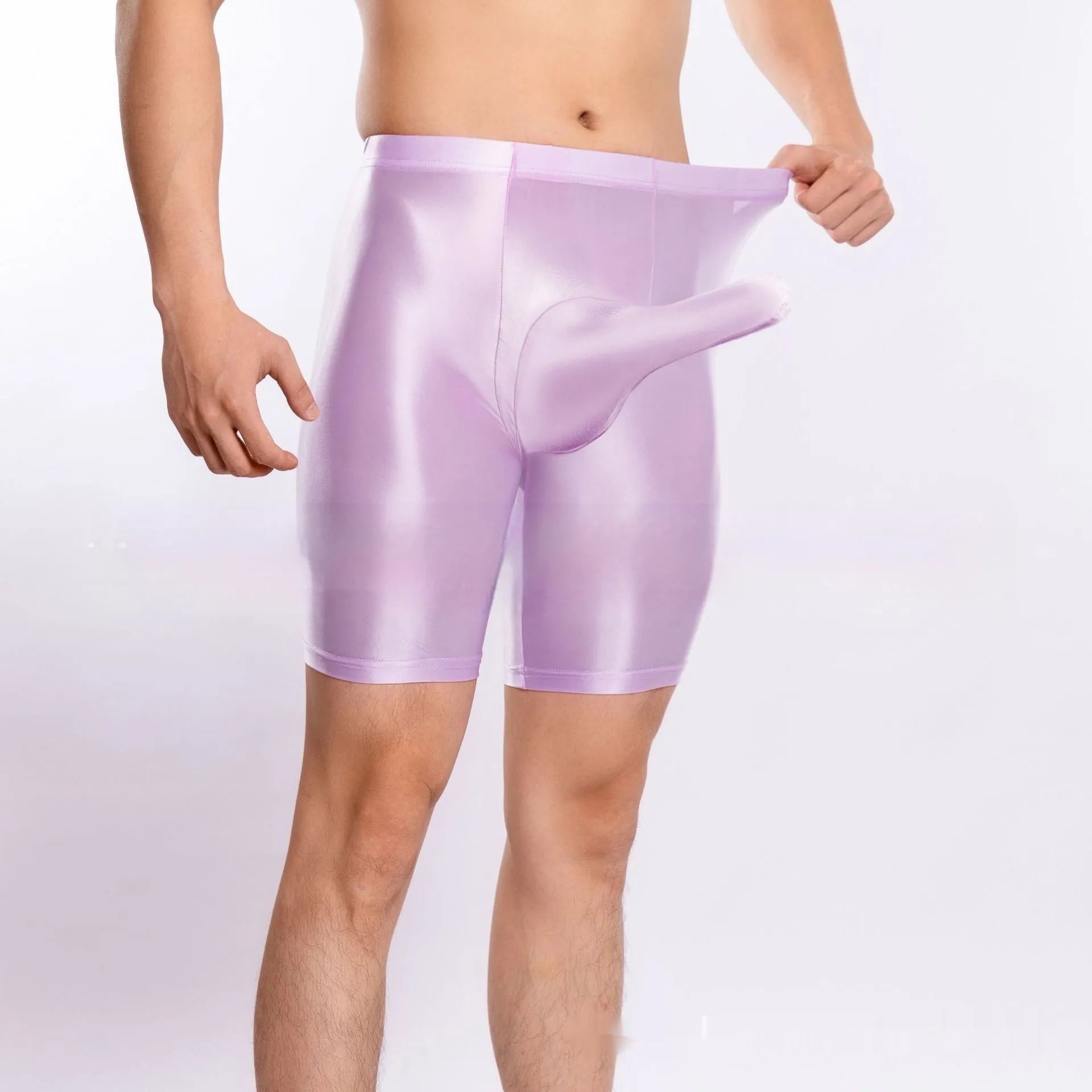 Men's plus size shiny silky nylon sports shorts displayed in multiple colours.