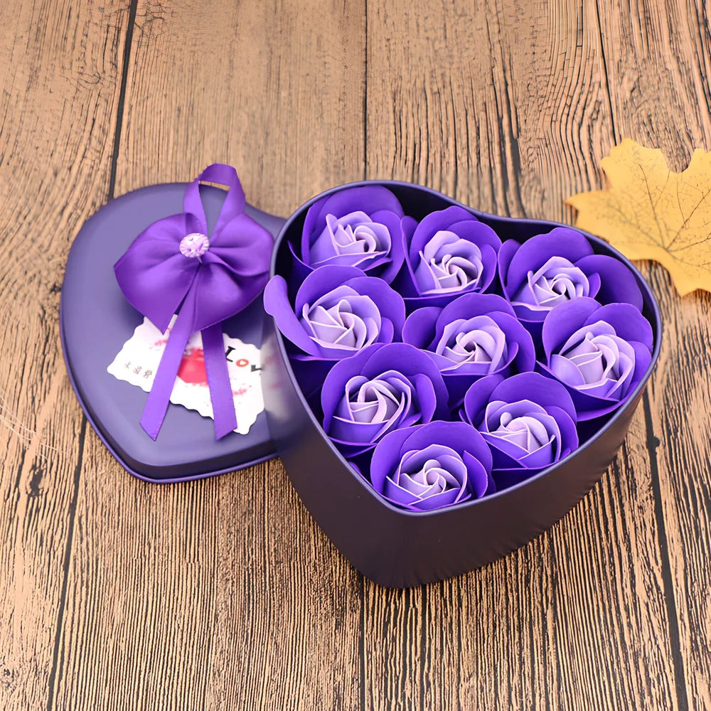 Handmade soap flower gift box in red heart-shaped tin with three blooms and bear, 12x12x5 cm for Valentine's Day