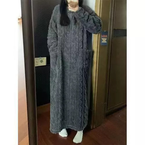 Women's winter coral fleece nightgown with pockets and jacquard design in various colors